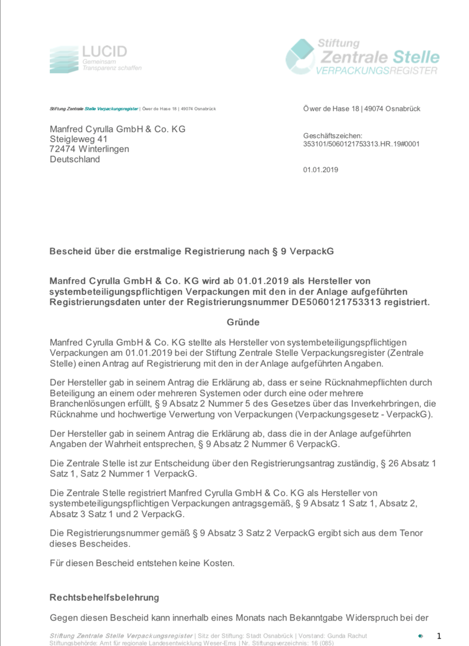 Bild von Bescheid über die erstmalige Registrierung nach § 9 VerpackG